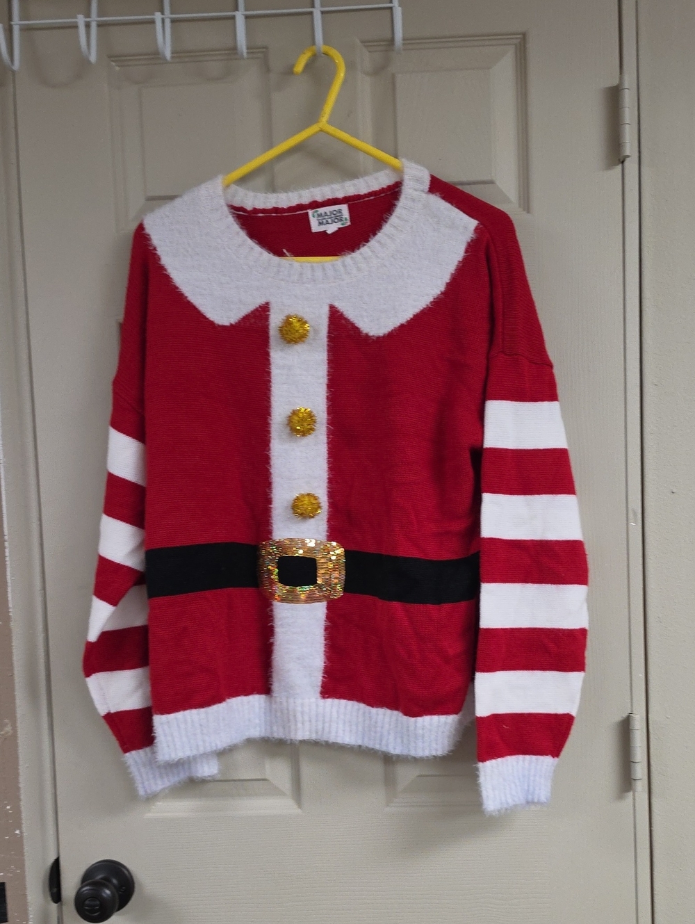Holiday Santa Sweater with Sequin Belt Accent